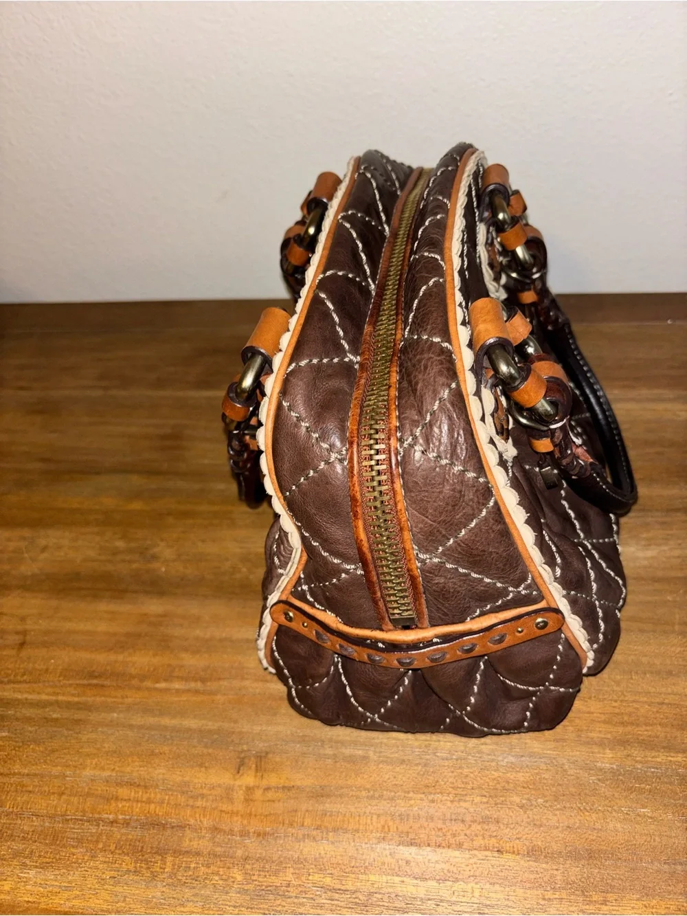 Juicy Couture Quilted Dark Brown Satchel with Tan Accents